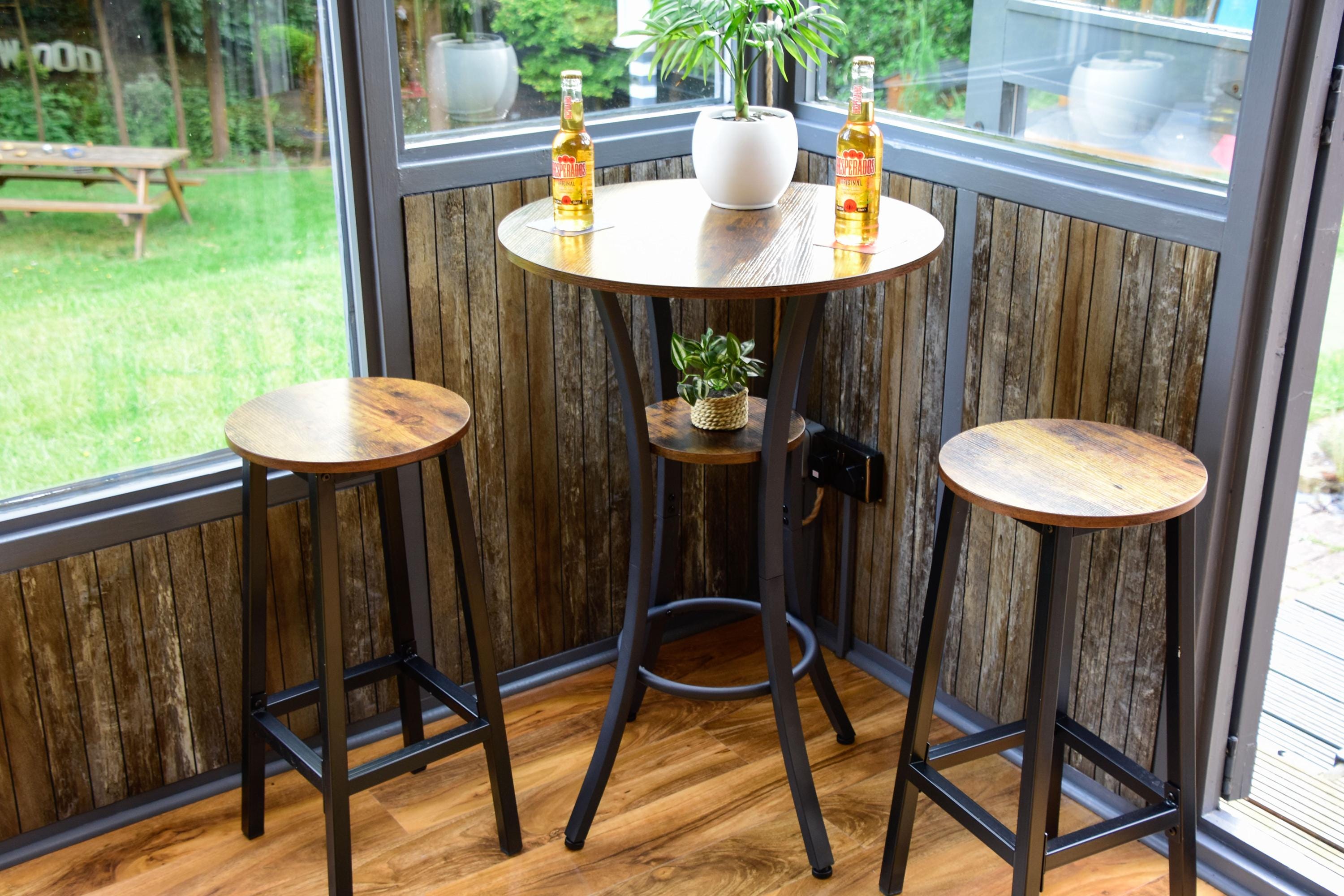 Rustic Round Industrial Dark Wood Bar Table with Matching Stools - For Bars, Restaurants & Home Dining
