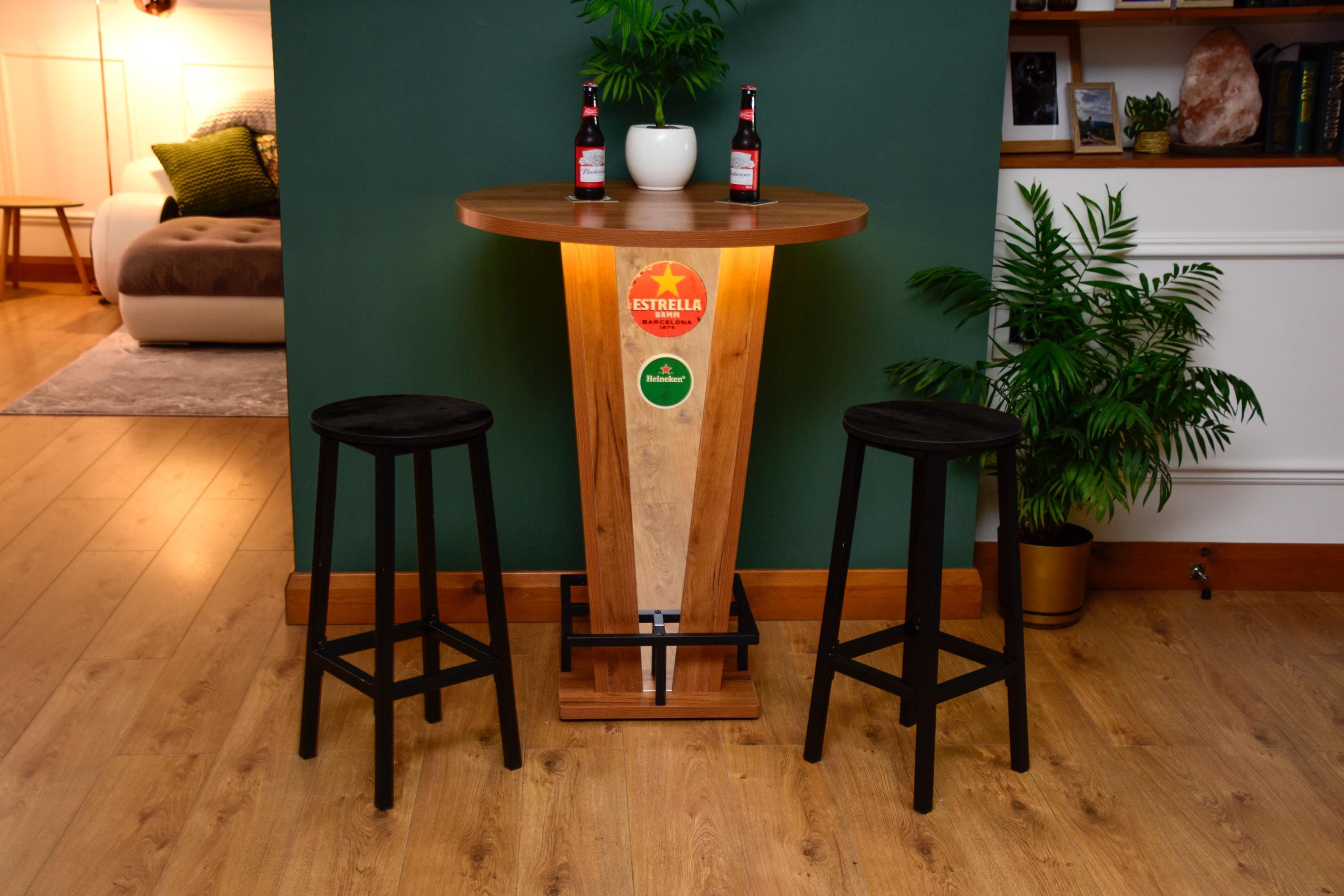 Rustic Oak Effect Mirrored LED Wooden Bar Table - Stools Optional - For Bars, Restaurants & Home Dining