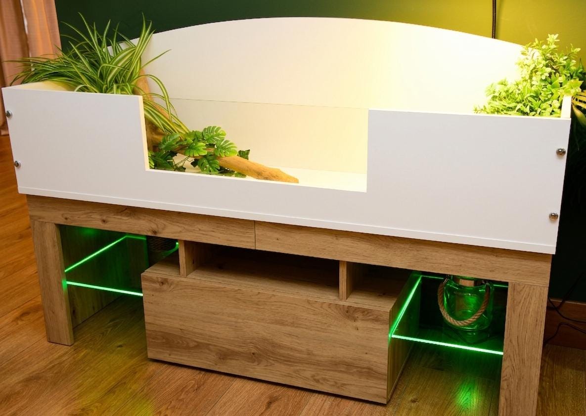 4ft x 16" x 15" Open Top Tortoise Table + Artisan Oak Effect LED Stand and Glass Window