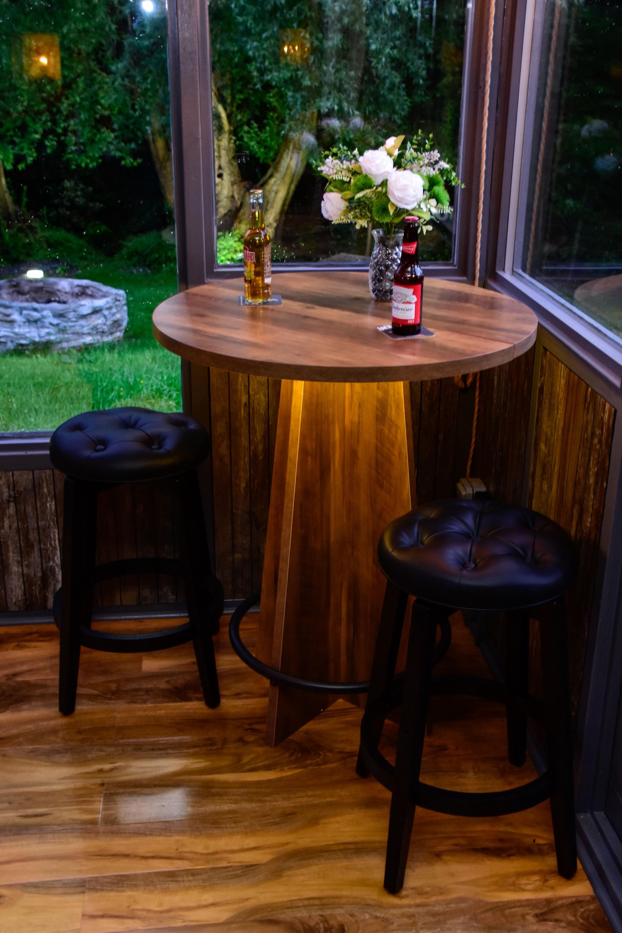 Rustic Wood Effect LED Bistro Bar Table - Metal Ring Footrest - Stools Optional