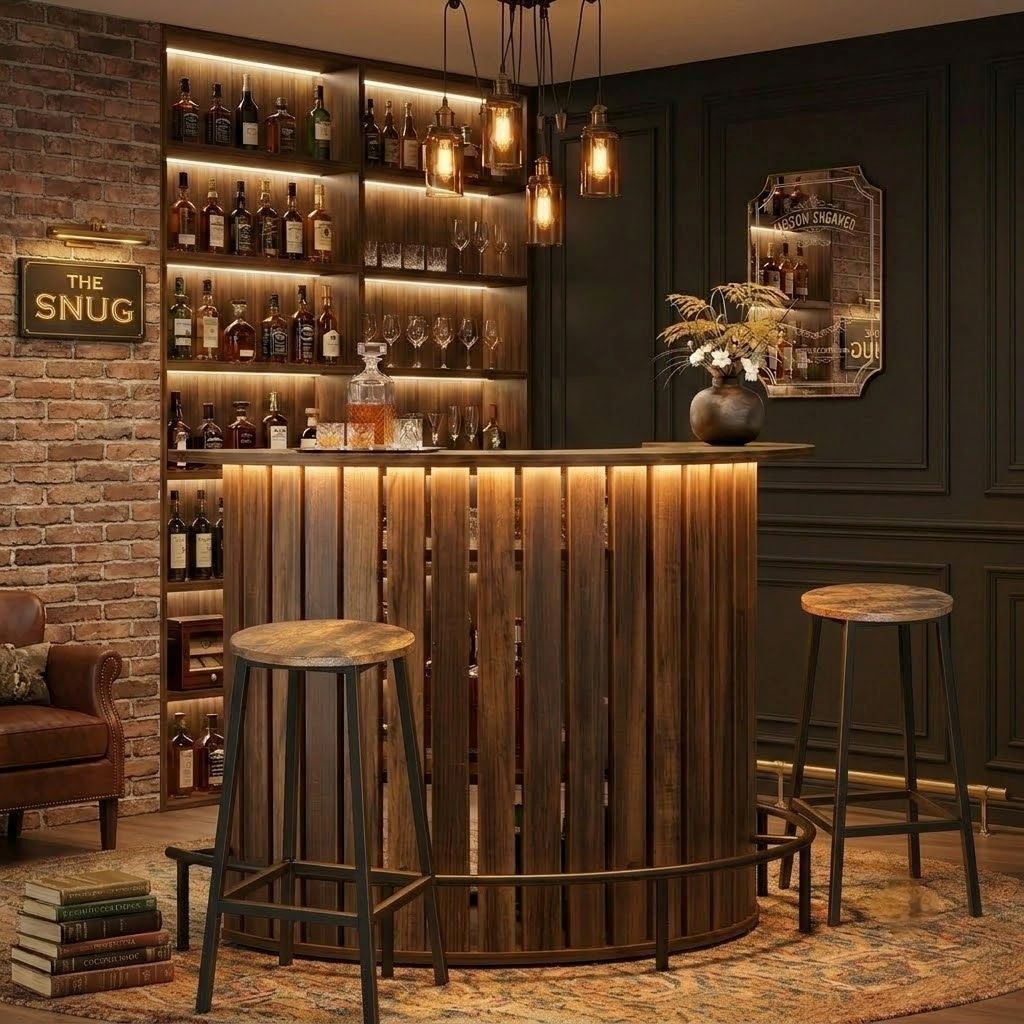 Large rustic half penny LED home bar in a dark moody bar setting