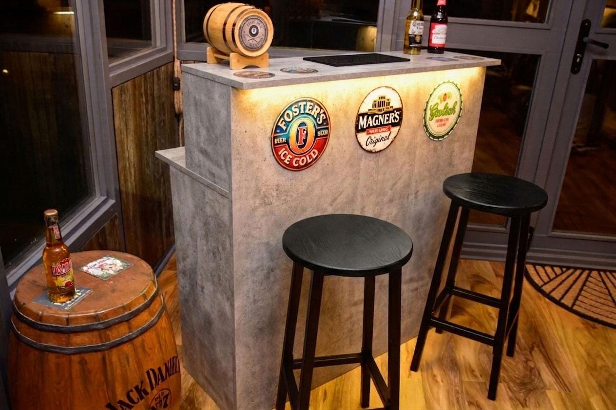 Grey Stone Effect LED Home Bar with Stools (1m)