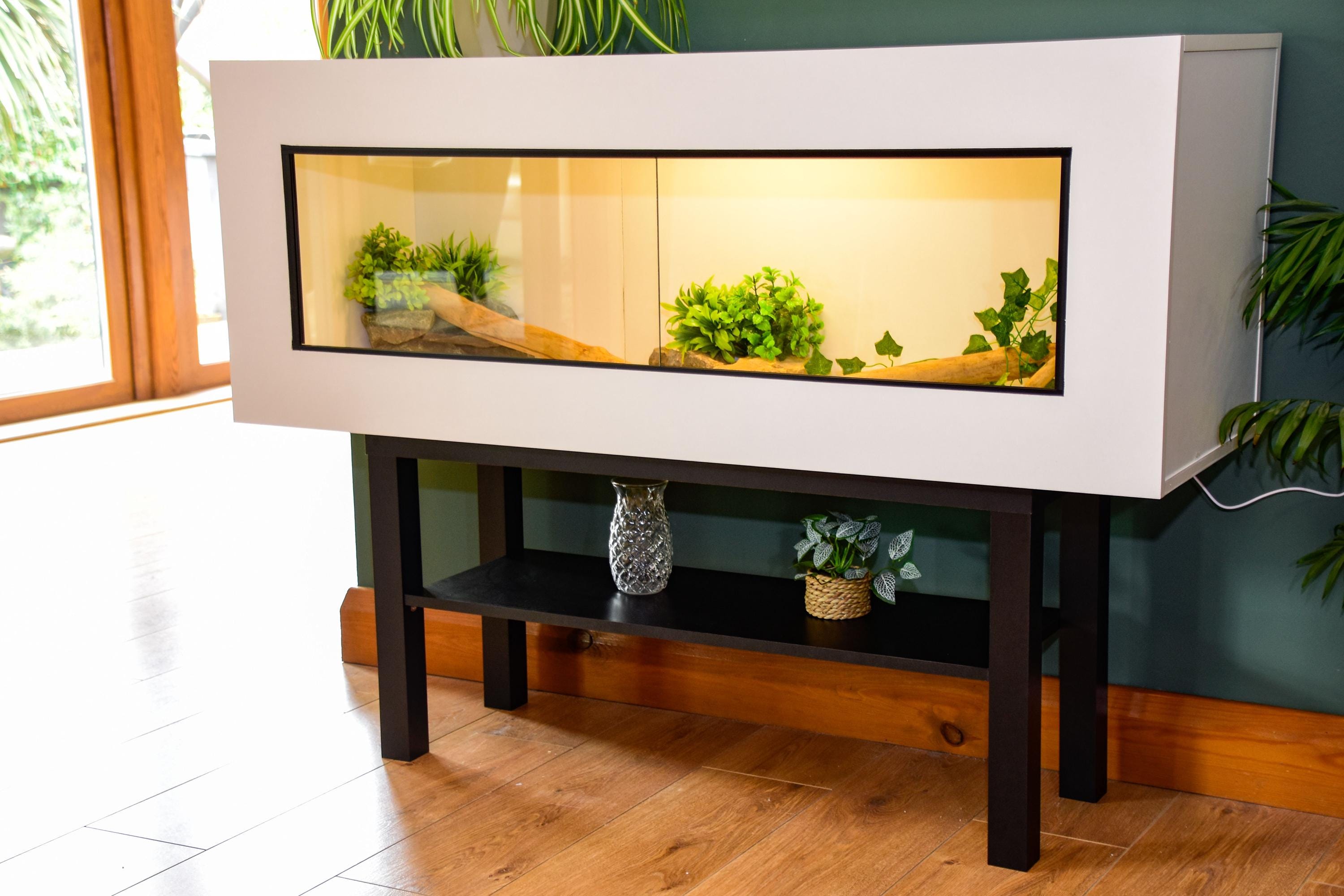 4ft Modern White Reptile Vivarium + Black Stand - LED Light Included