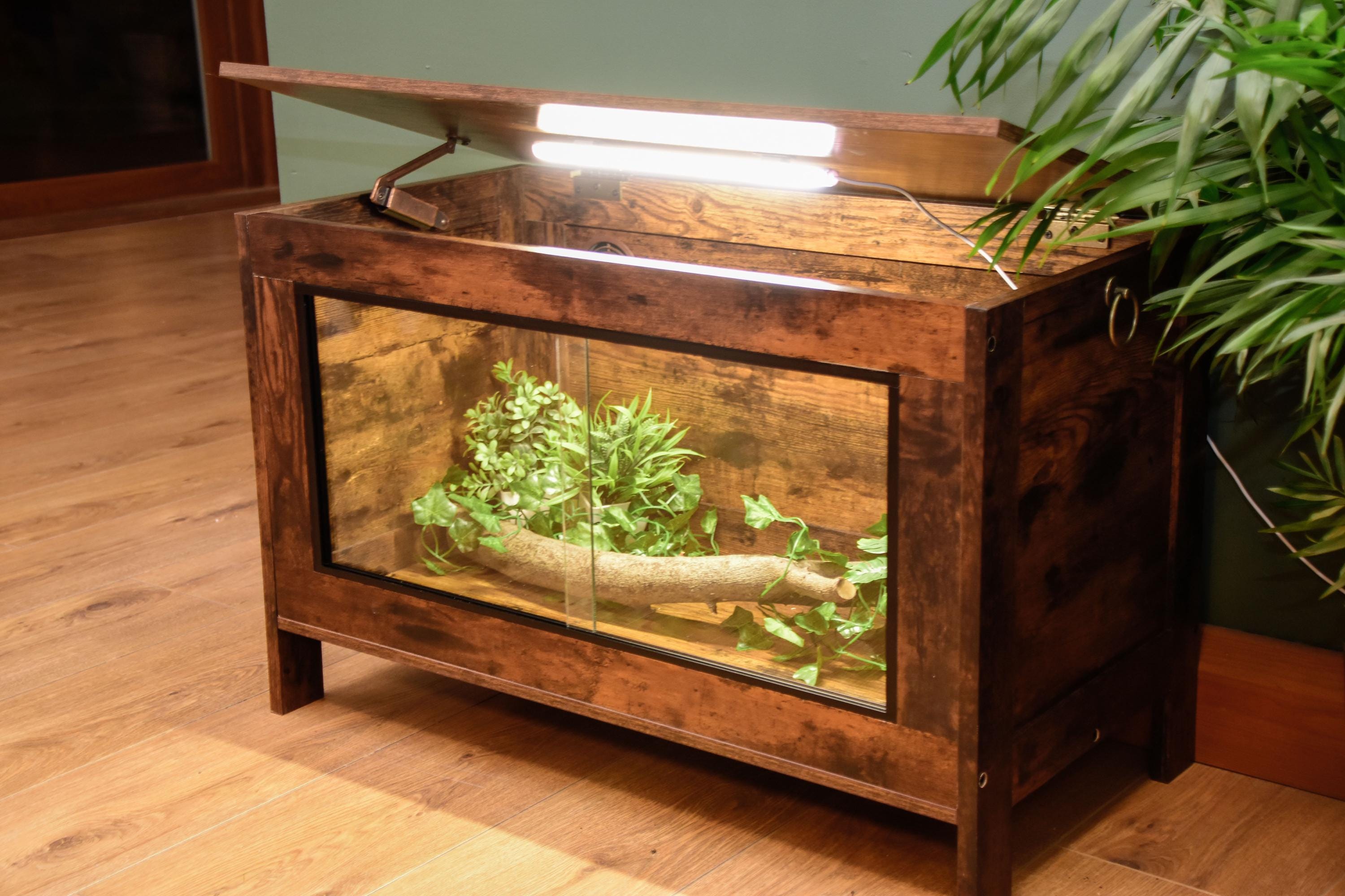Dark Wood Vivarium / Tortoise House - Hinged Lid + Glass Doors - 76cm x 48cm x 35cm - LED Light Included