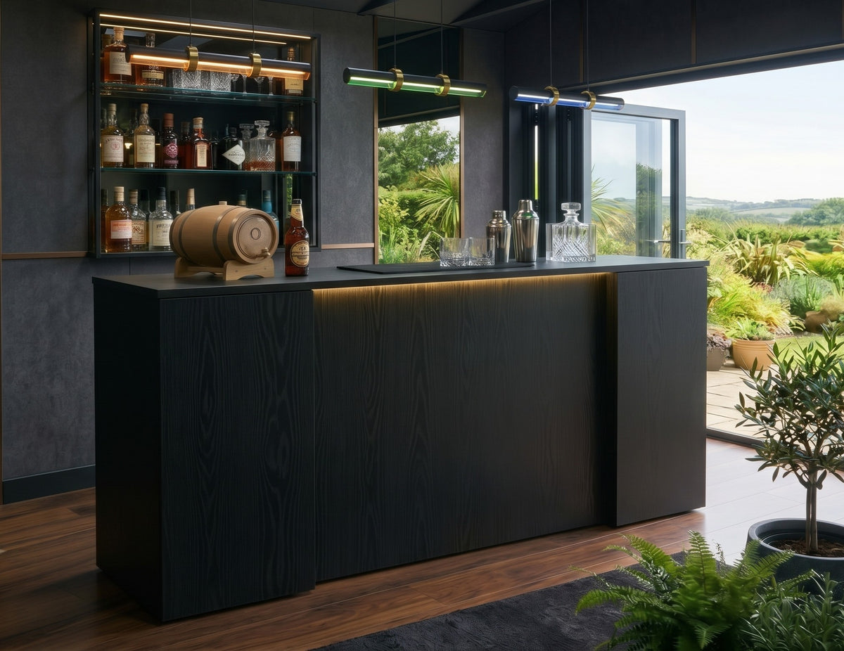 Sleek Black Wood Effect Modern LED Home Bar with Stools (6ft)