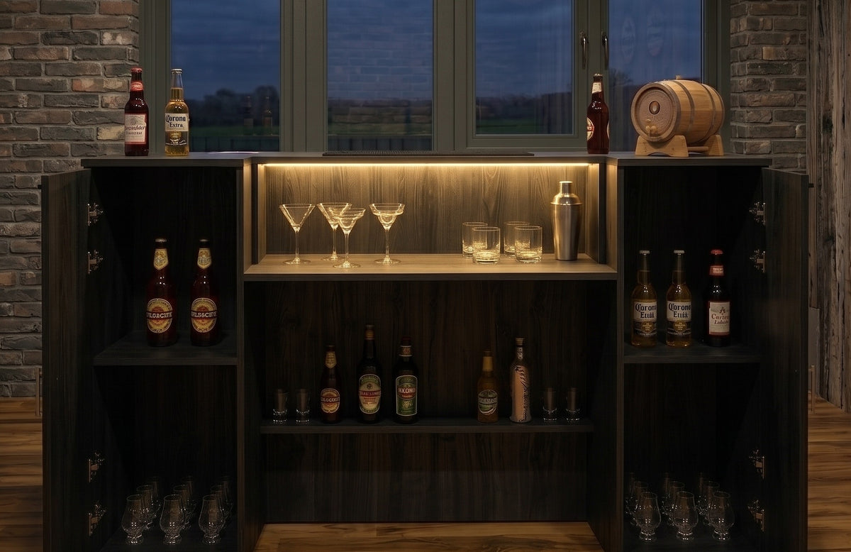 Sleek Black Wood Effect Modern LED Home Bar with Stools (6ft)