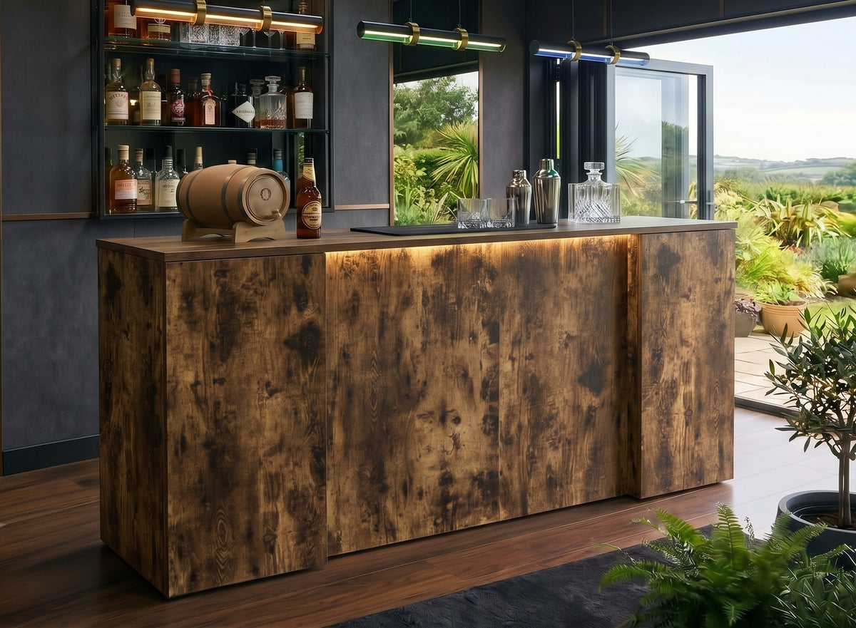Dark Distressed Wood Effect LED Home Bar with Stools (6ft)