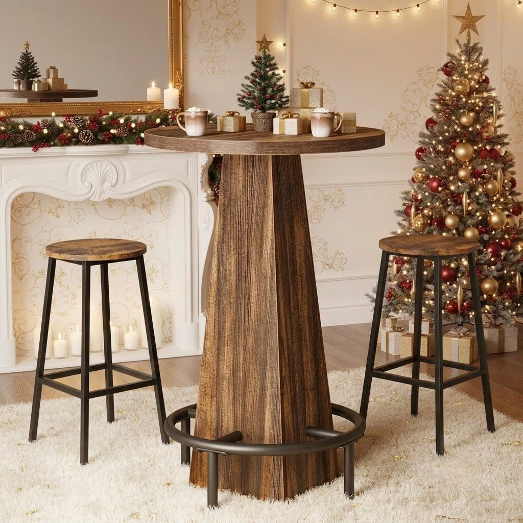 Rustic wood effect LED bistro bar table with stools in a home bar setting