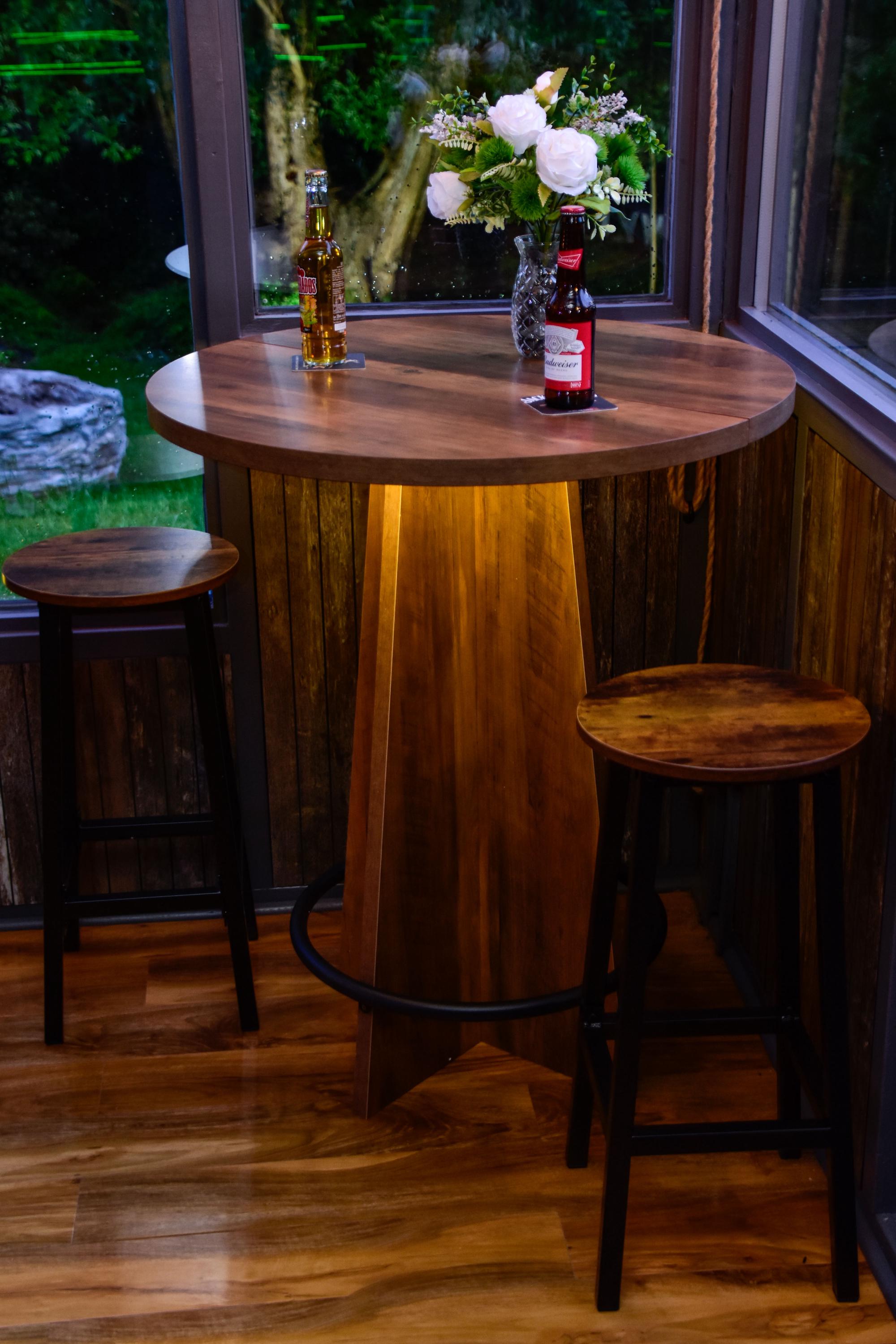 Rustic Wood Effect LED Bistro Bar Table - Metal Ring Footrest - Stools Optional