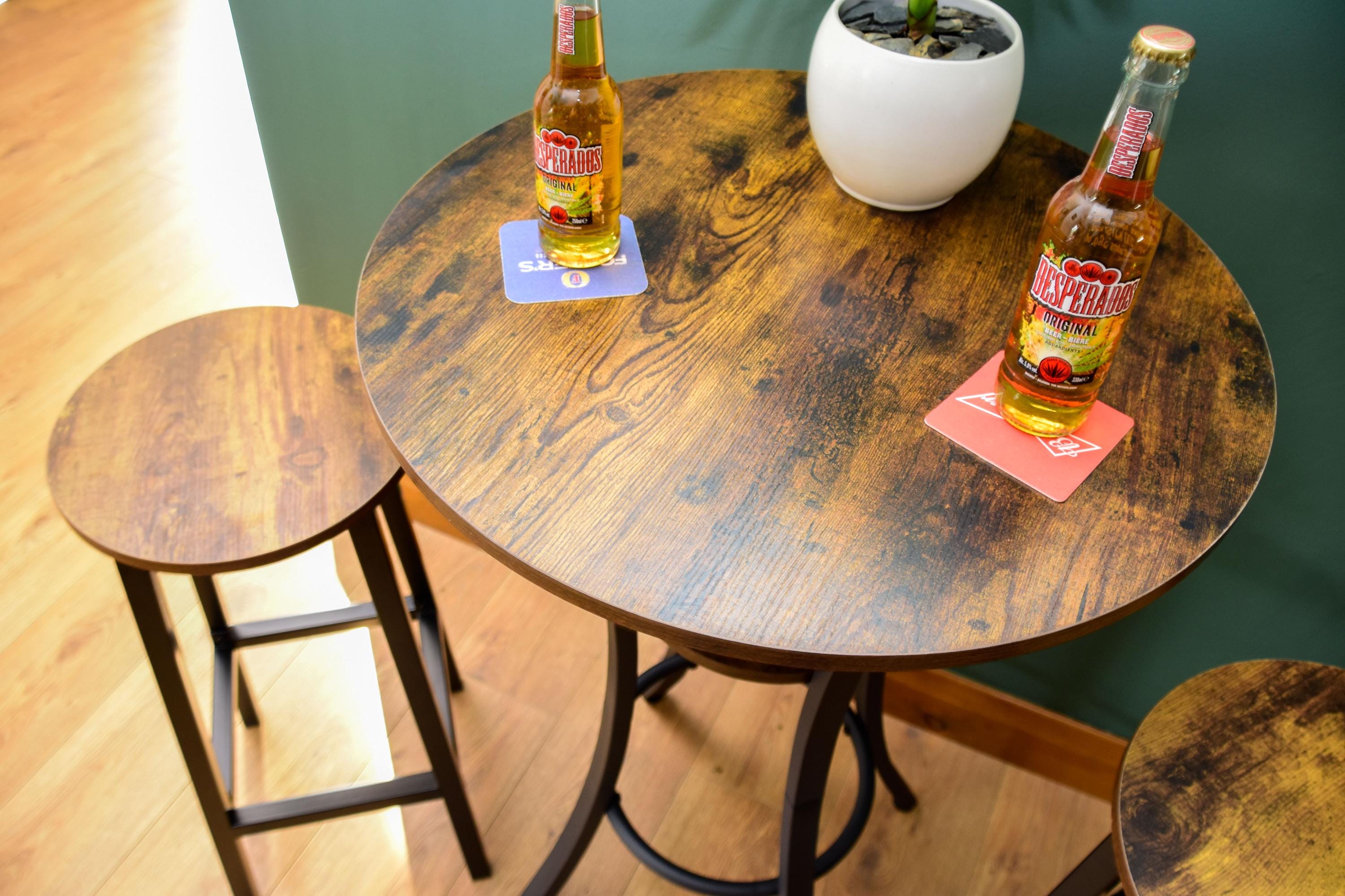 Rustic Round Industrial Dark Wood Bar Table with Matching Stools - For Bars, Restaurants & Home Dining