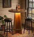 Rustic Wood Effect LED Bistro Bar Table - Metal Ring Footrest - Stools Optional