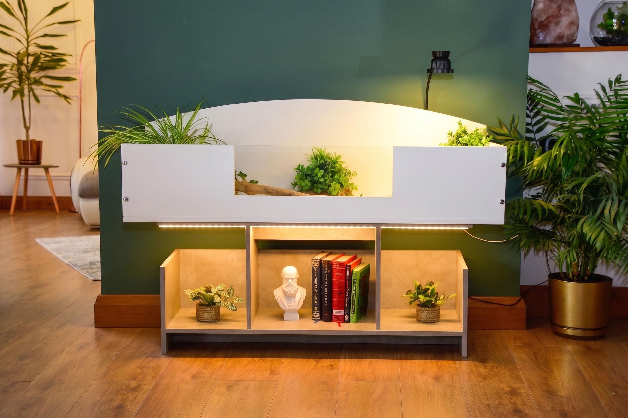 4ft x 16" x 15" Open Top Tortoise Table + Wide LED Grey Stone Stand and Glass Window