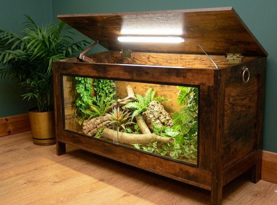 Dark Wood Vivarium / Tortoise House - Hinged Lid + Glass Doors - 1m (Between 3-4ft) - LED Light Included