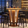 Wooden bar table with stools in a stylish room with cityscape view