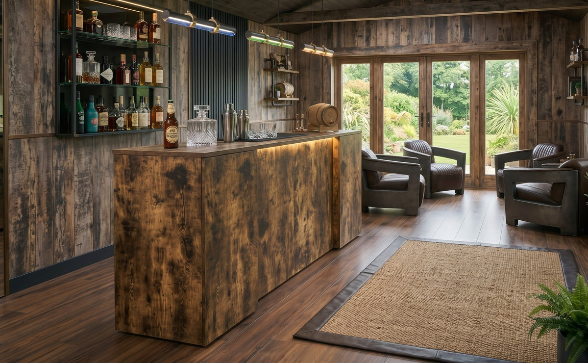 Dark Distressed Wood Effect LED Home Bar with Stools (6ft)