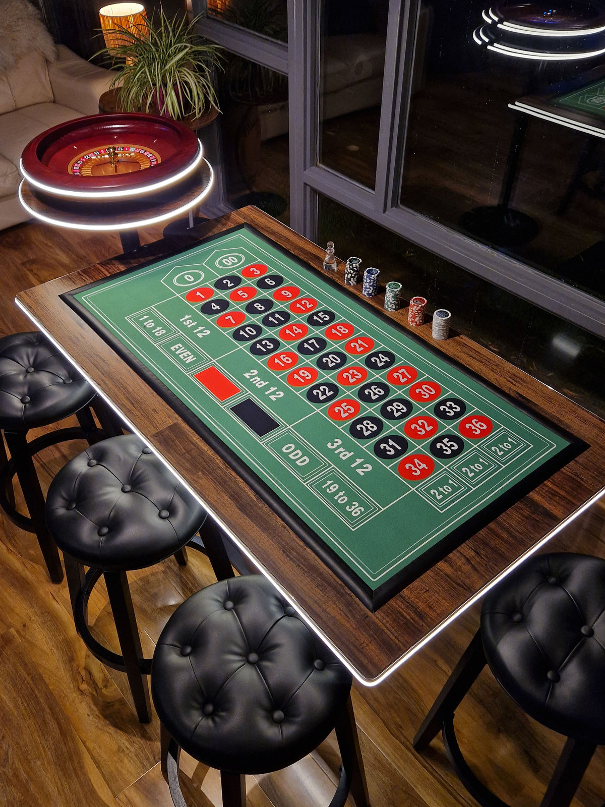 LED Roulette Casino Table with Choice of Roulette Wheel & Optional Stools