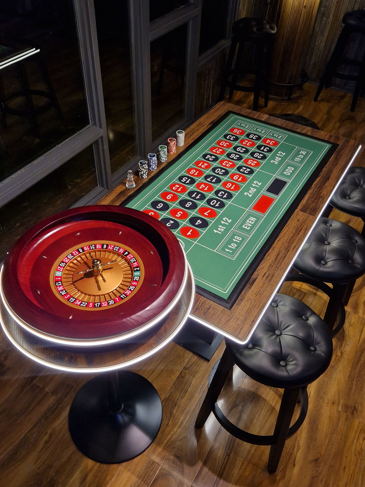 LED Roulette Casino Table with Choice of Roulette Wheel & Optional Stools