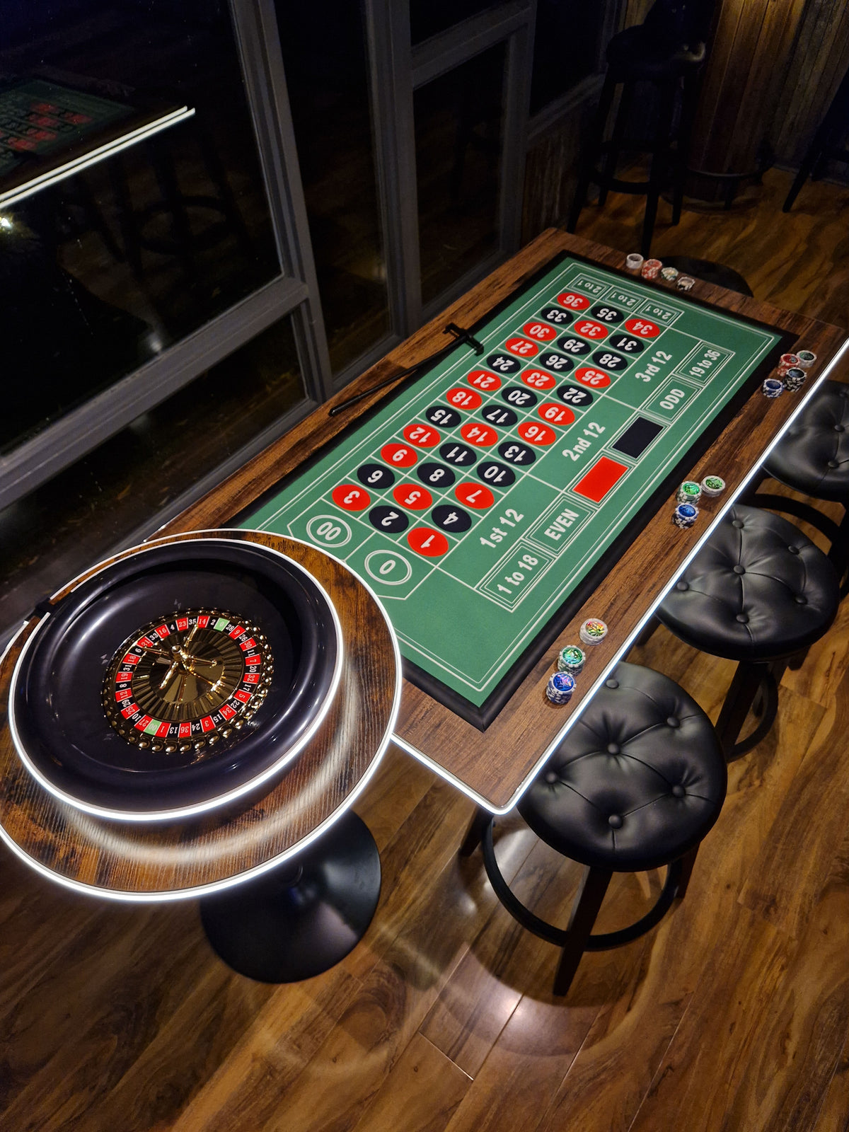LED Roulette Casino Table with Choice of Roulette Wheel & Optional Stools