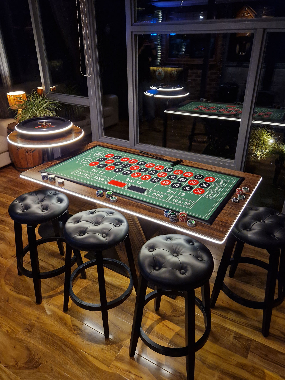 LED Roulette Casino Table with Choice of Roulette Wheel & Optional Stools