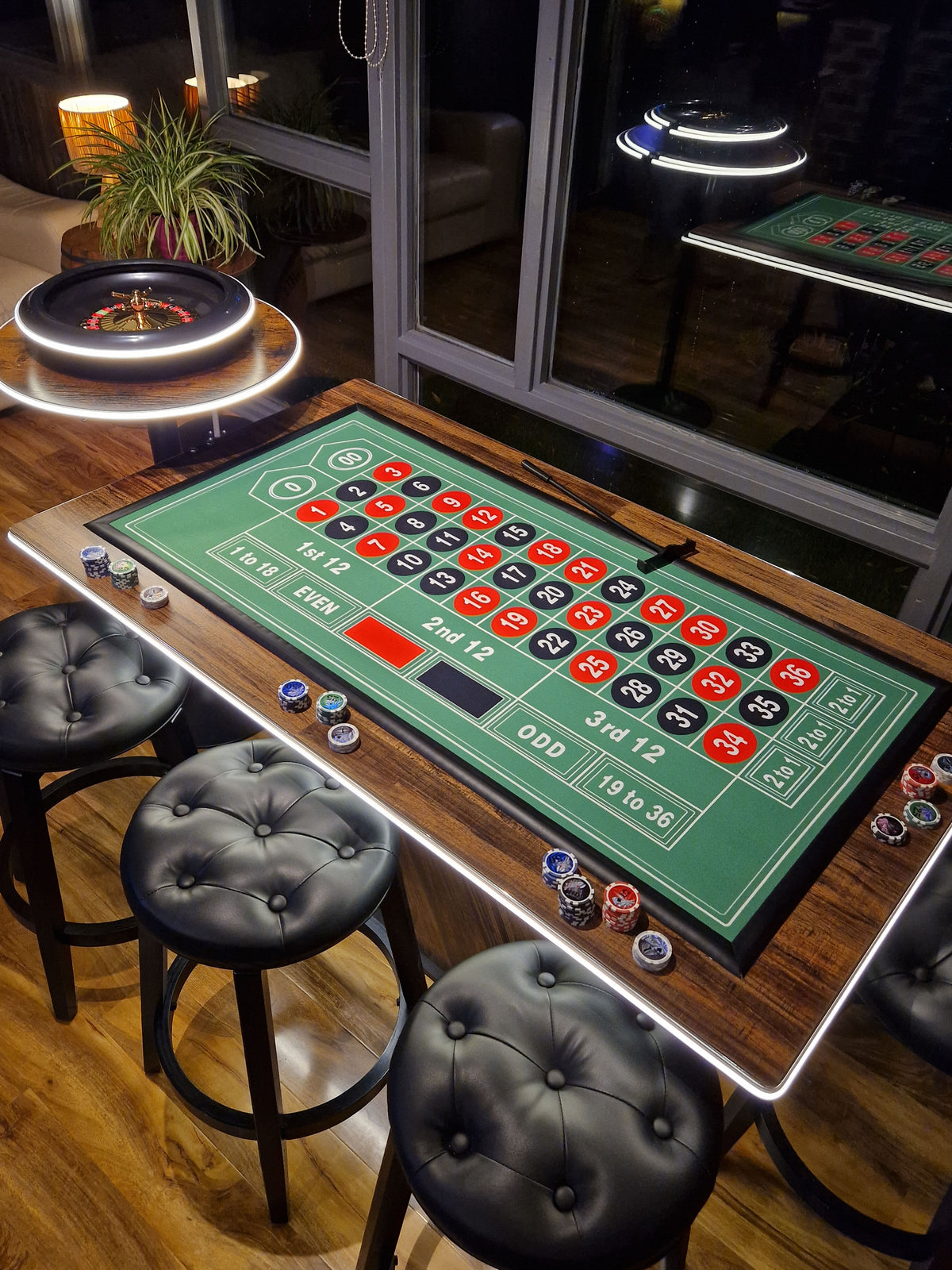 LED Roulette Casino Table with Choice of Roulette Wheel & Optional Stools
