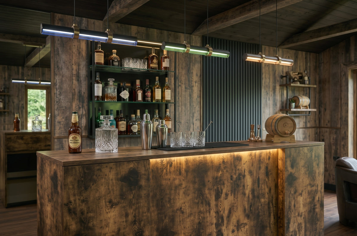 Dark Distressed Wood Effect LED Home Bar with Stools (6ft)
