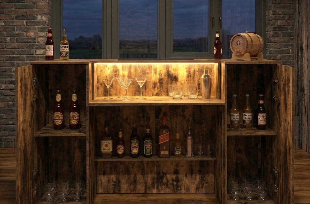 Dark Distressed Wood Effect LED Home Bar with Stools (6ft)