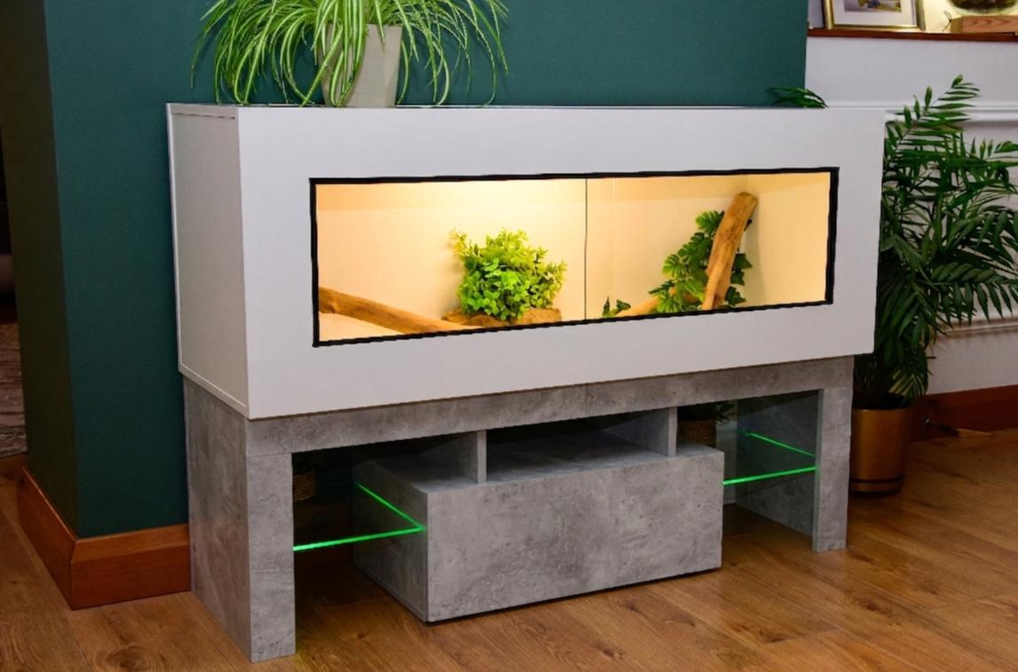 4ft Modern White Reptile Vivarium + Grey Stone Effect LED Stand and Light Included