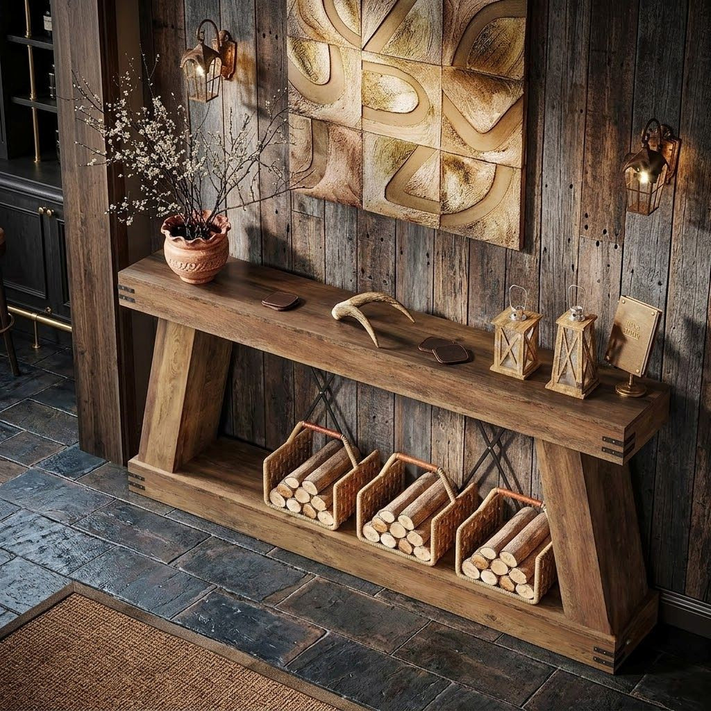 Extra Large Rustic Slim Light Up Home Bar / Console Table — Stools Optional