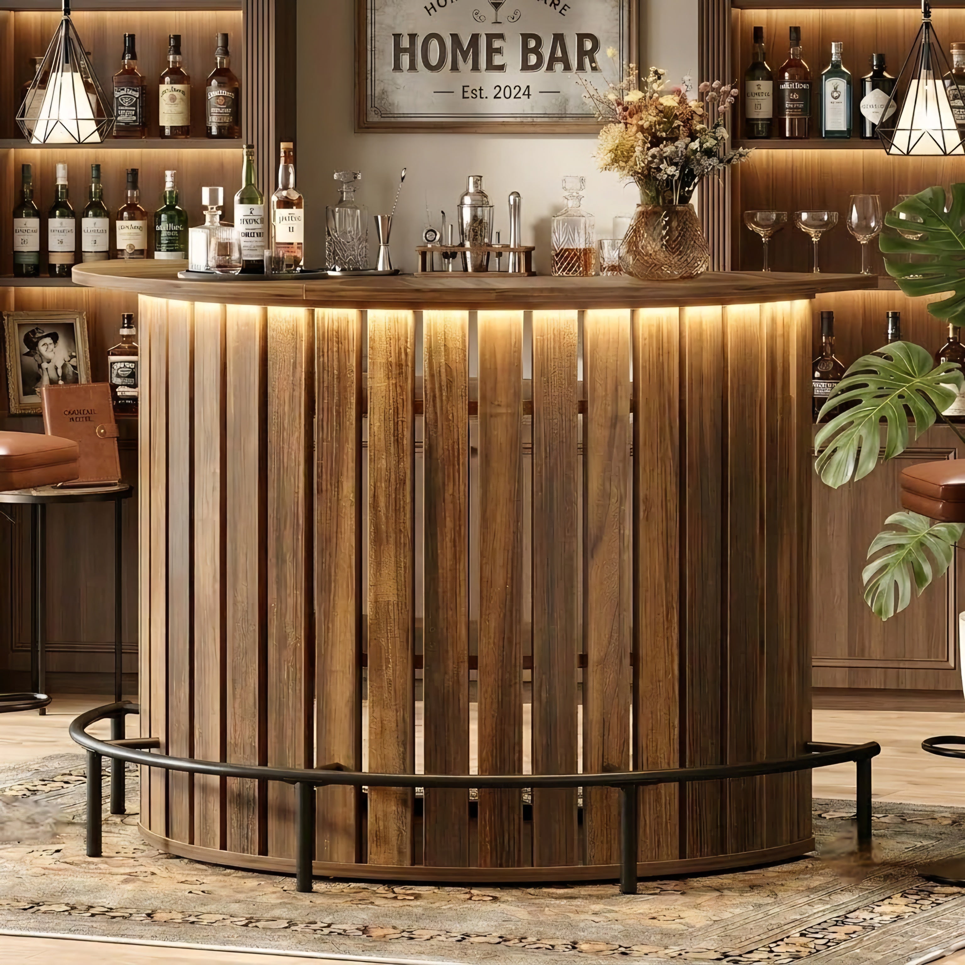 Large Rustic Half Penny Light Up Home Bar — Stools Optional