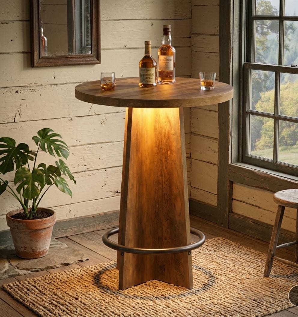 Rustic Wood Effect LED Bistro Bar Table - Metal Ring Footrest - Stools Optional