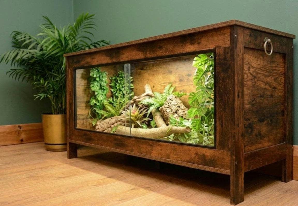 Dark Wood Vivarium / Tortoise House - Hinged Lid + Glass Doors - 1m (Between 3-4ft) - LED Light Included