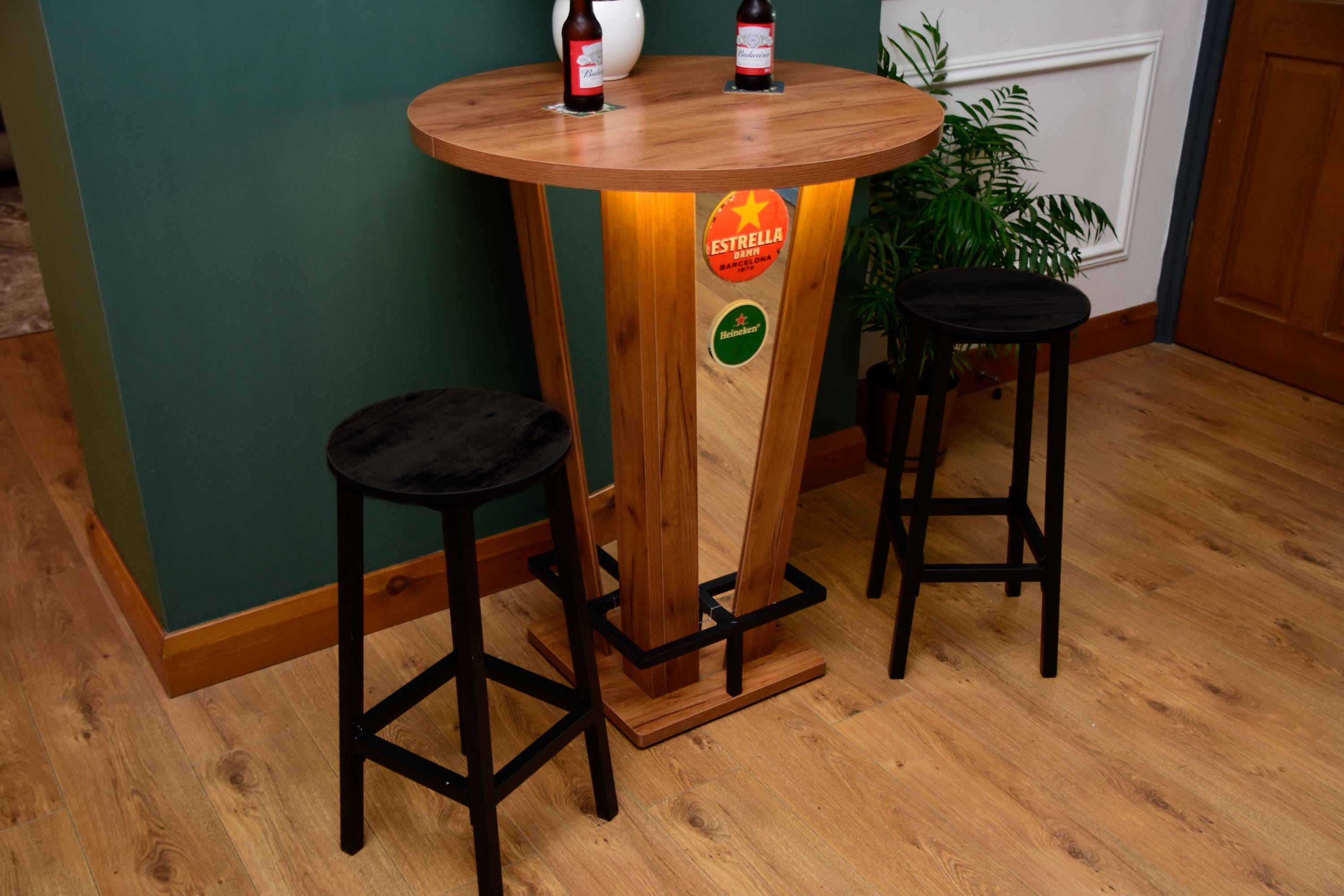 Rustic Oak Effect Mirrored LED Wooden Bar Table - Stools Optional - For Bars, Restaurants & Home Dining