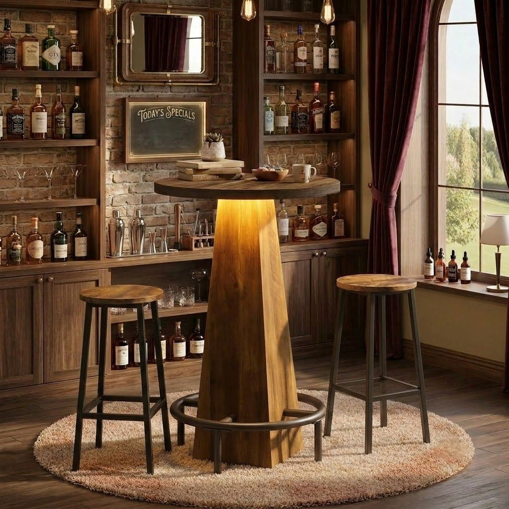 Rustic wood effect LED bistro bar table in a rustic bar environment
