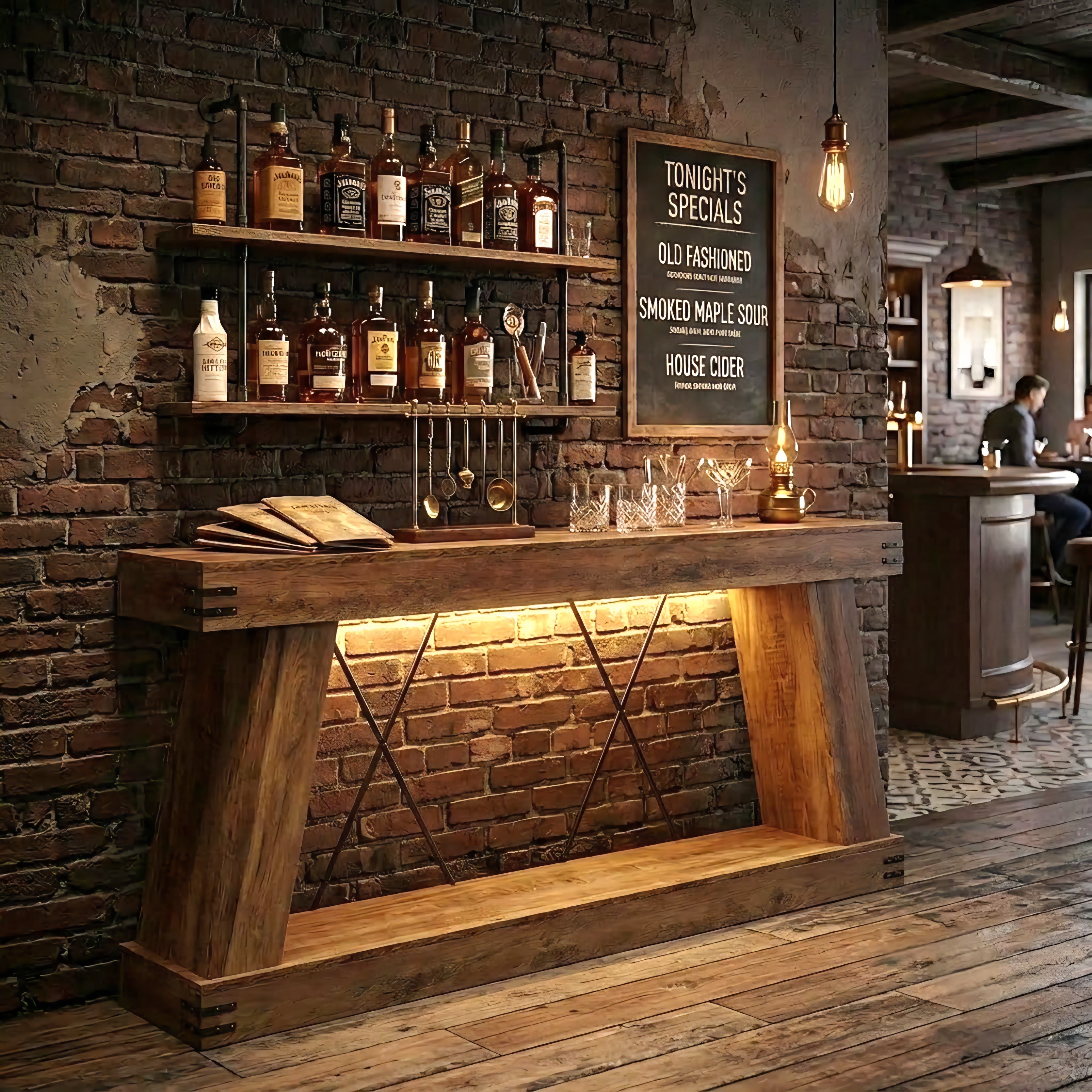 Extra Large Rustic Slim Light Up Home Bar / Console Table — Stools Optional