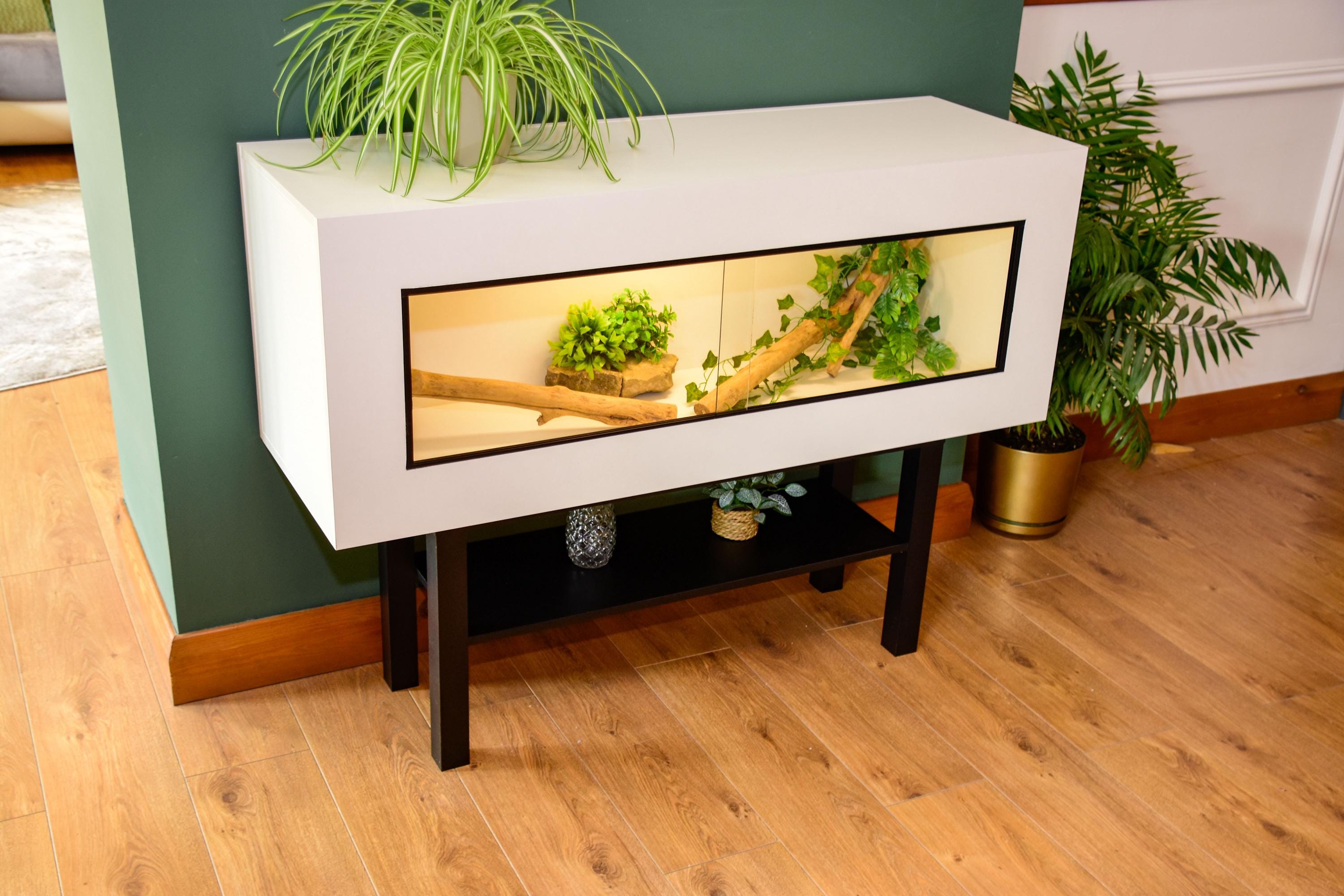 4ft Modern White Reptile Vivarium + Black Stand - LED Light Included