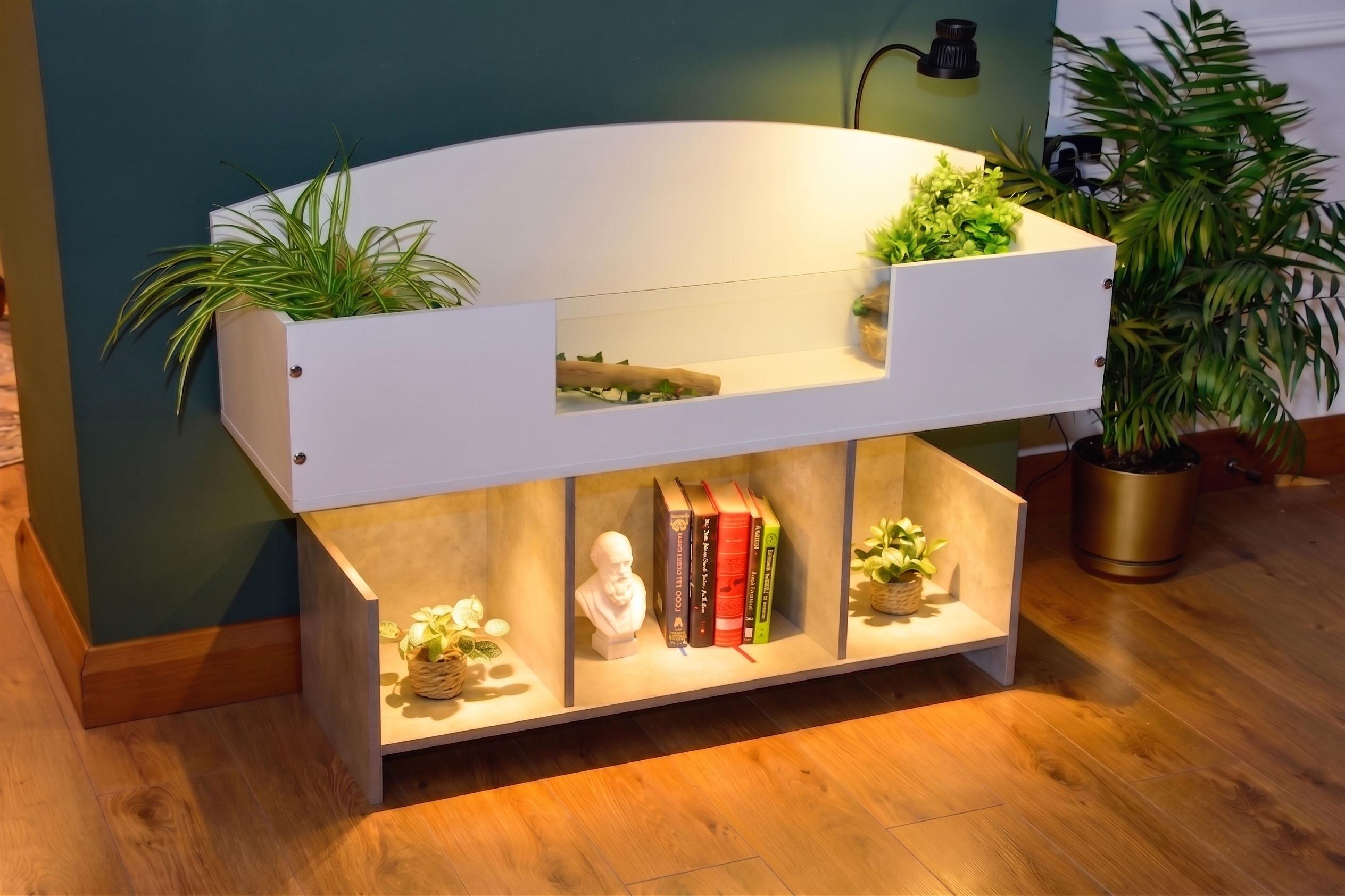 4ft x 16" x 15" Open Top Tortoise Table + Wide LED Grey Stone Stand and Glass Window