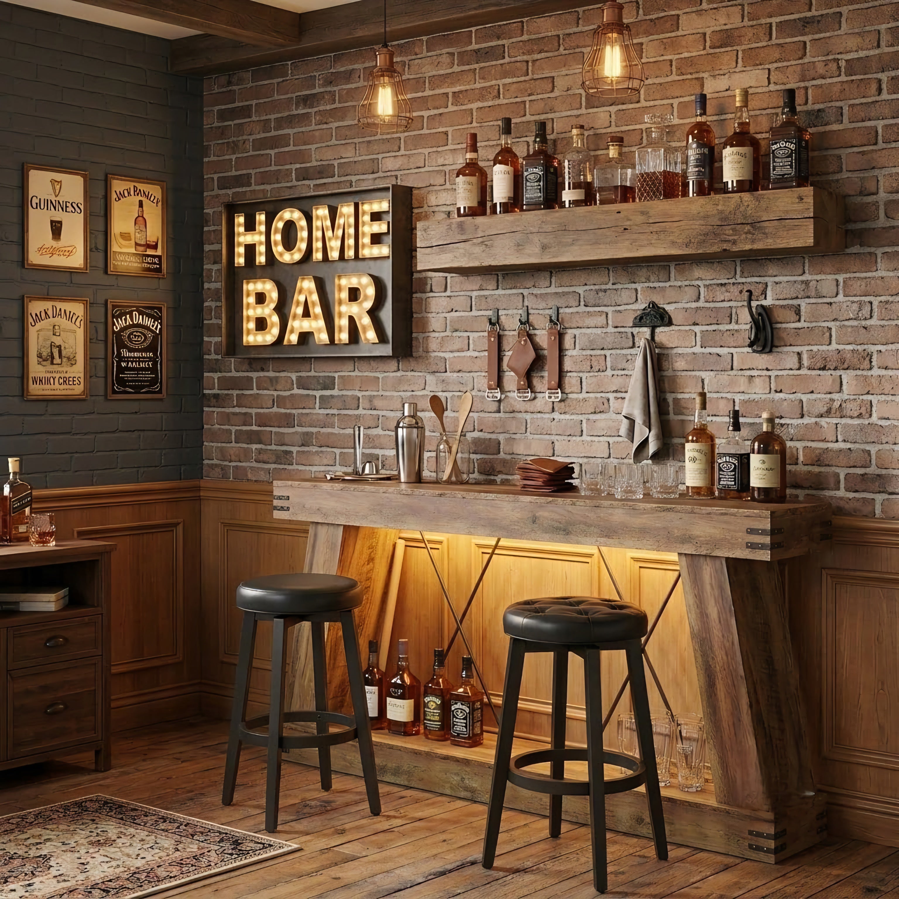 Extra Large Rustic Slim Light Up Home Bar / Console Table — Stools Optional