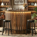 Large rustic half penny LED home bar with rustic wood stools