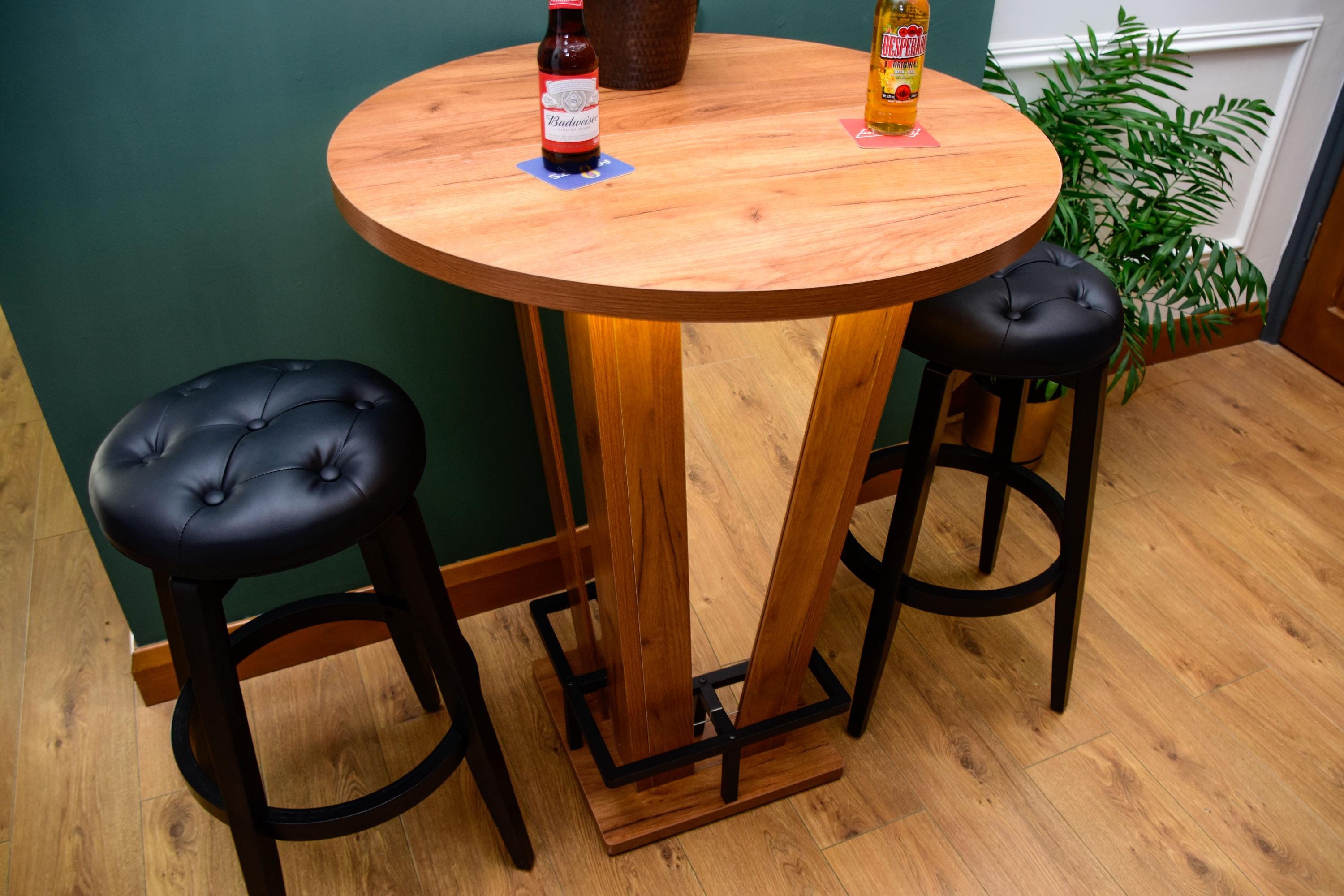Rustic Oak Effect Mirrored LED Wooden Bar Table - Stools Optional - For Bars, Restaurants & Home Dining