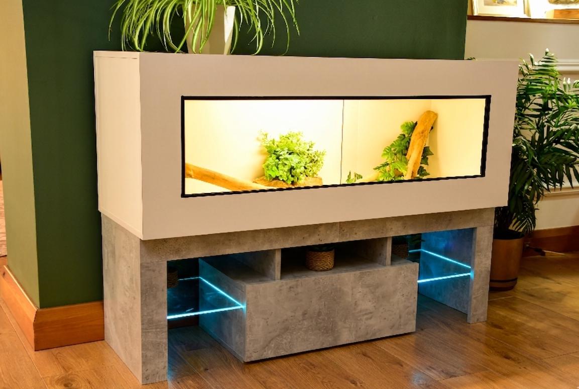 4ft Modern White Reptile Vivarium + Grey Stone Effect LED Stand and Light Included