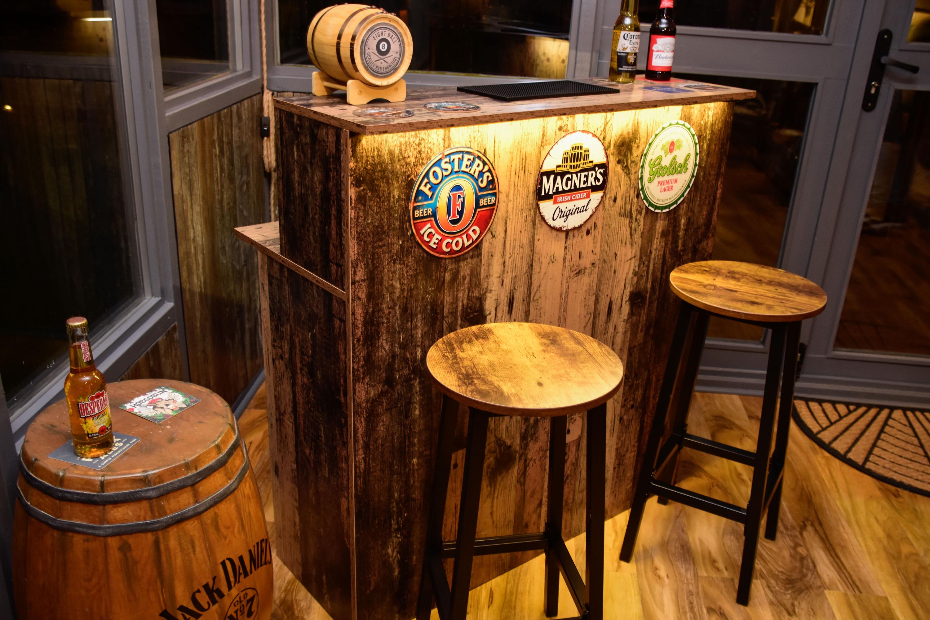 Old Wood Effect LED Home Bar with Matching Stools (1m)