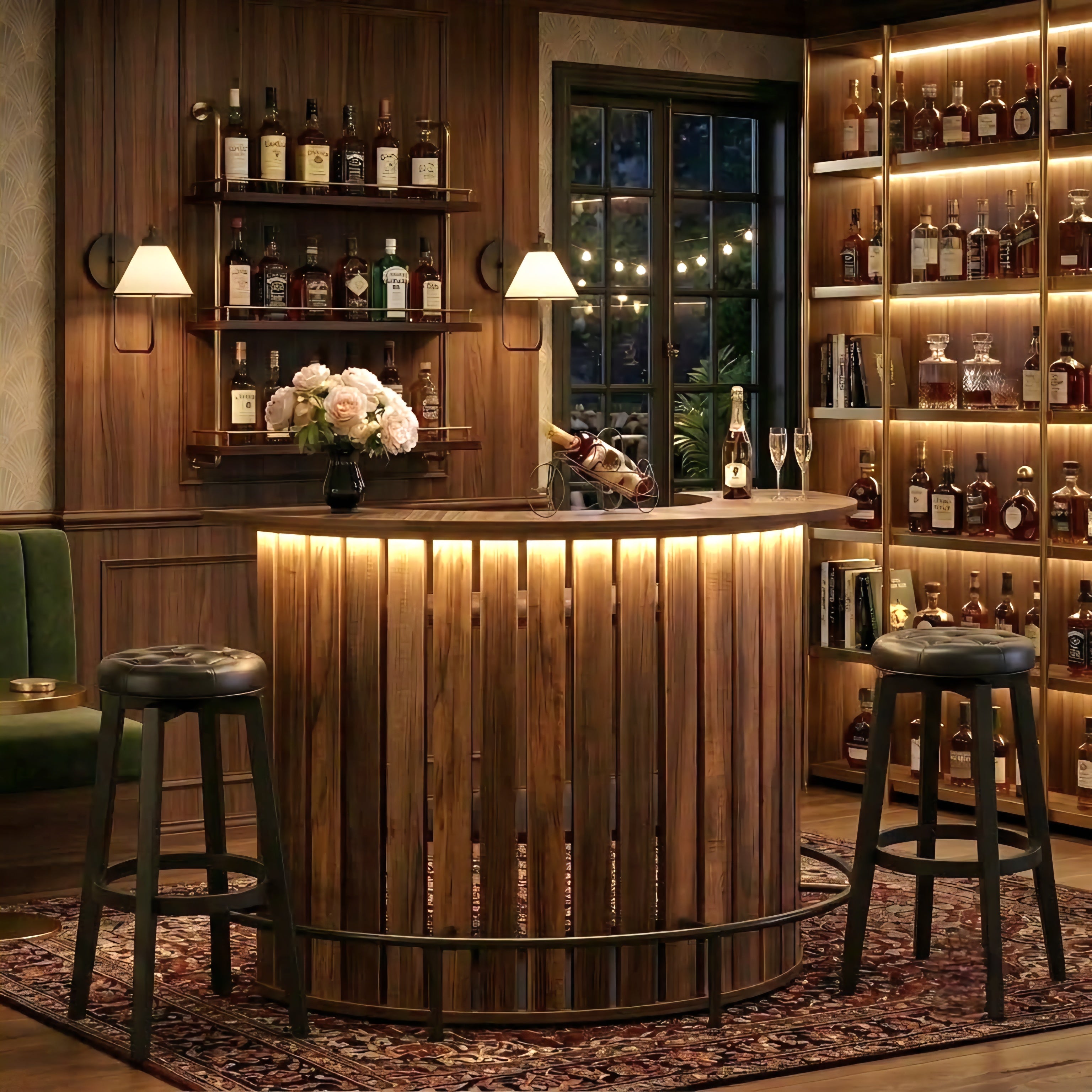 Large rustic half penny LED home bar side angle view
