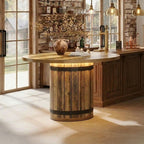 Round barrel table with LED base glow and bar stools in bourbon bar setting