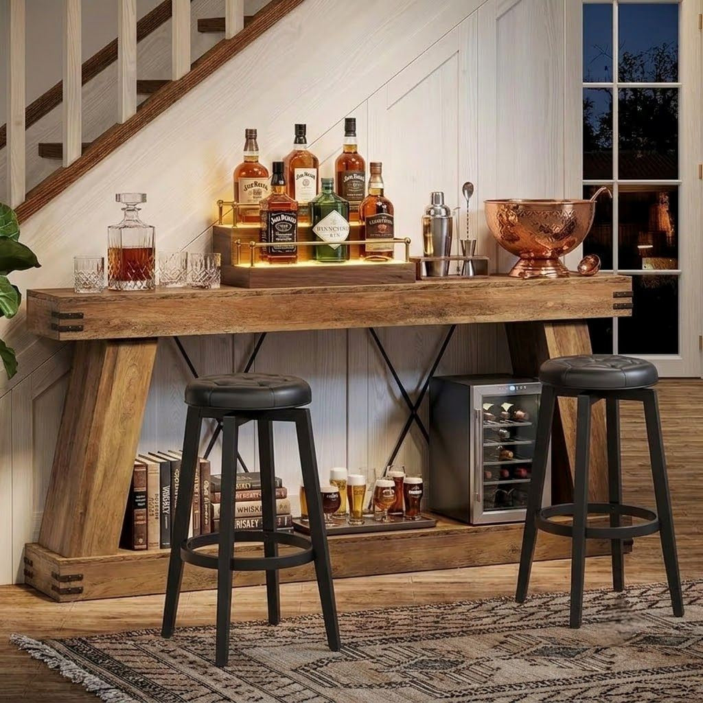 Extra Large Rustic Slim Light Up Home Bar / Console Table — Stools Optional