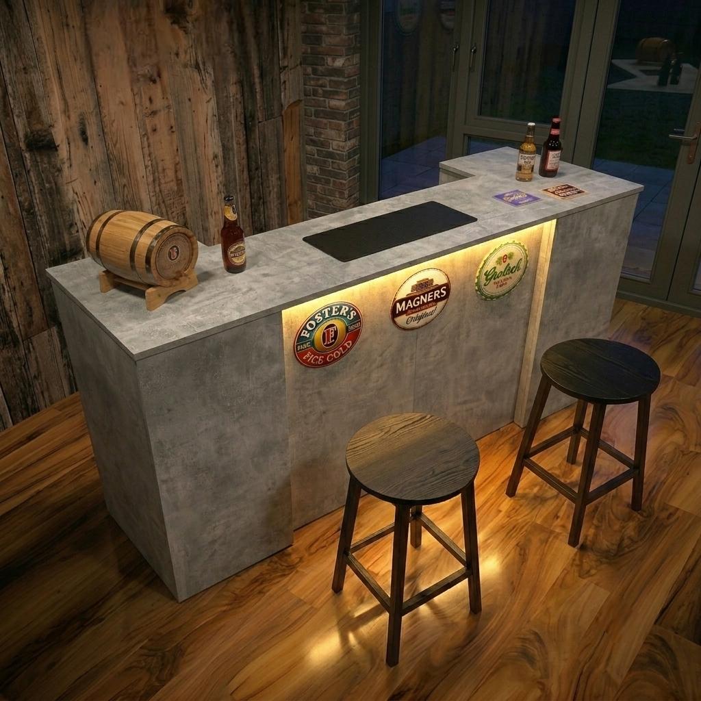 Grey Stone Effect LED Home Bar with Stools (6ft)