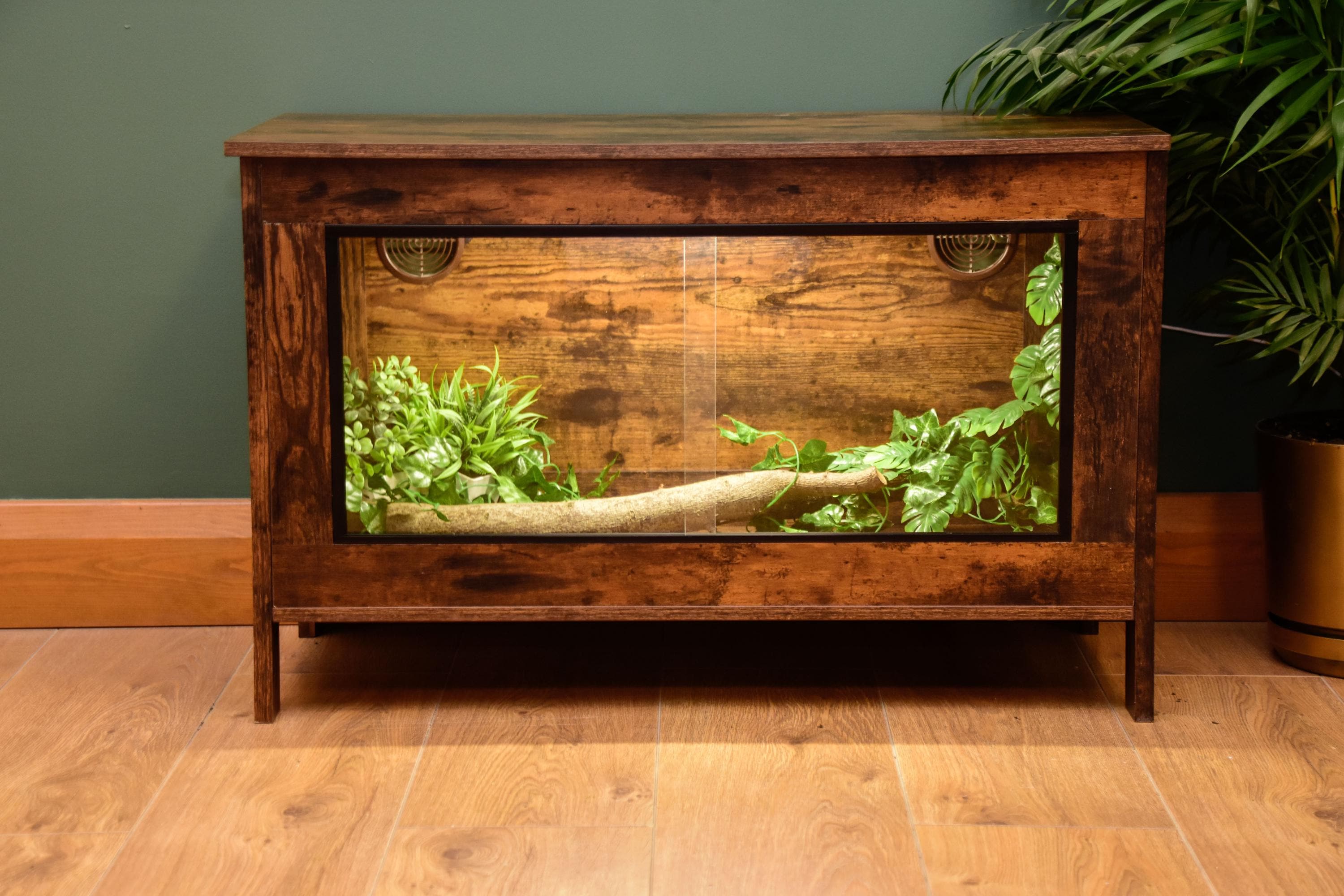 Dark Wood Vivarium / Tortoise House - Hinged Lid + Glass Doors - 76cm x 48cm x 35cm - LED Light Included