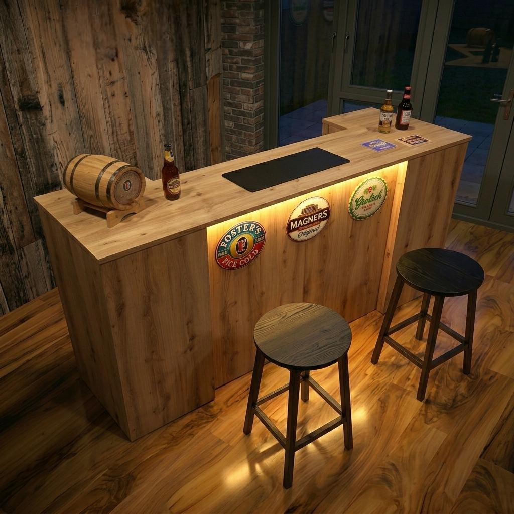 Oak Effect LED Home Bar with Stools (6ft)