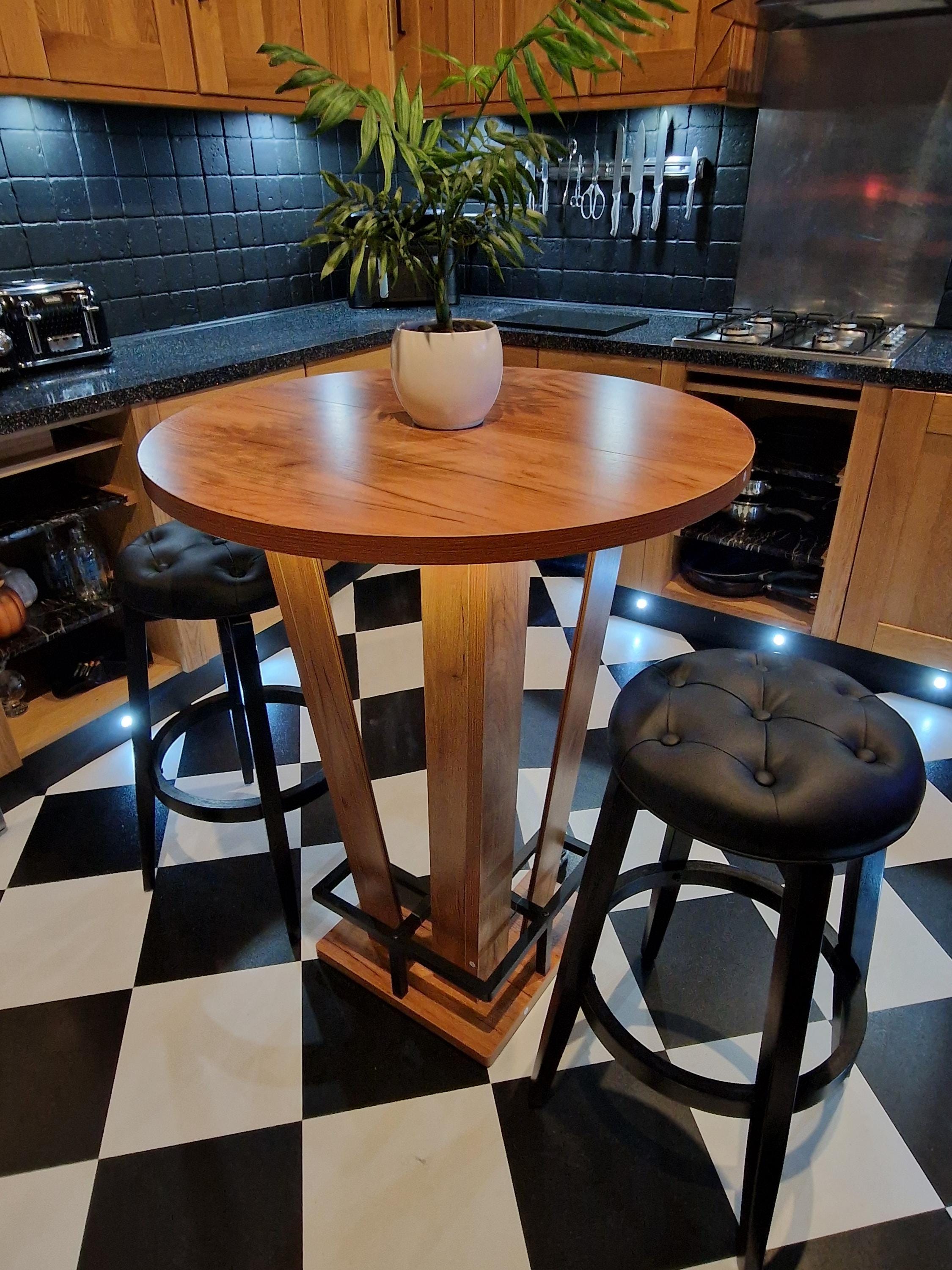 Rustic Oak Effect Mirrored LED Wooden Bar Table - Stools Optional - For Bars, Restaurants & Home Dining