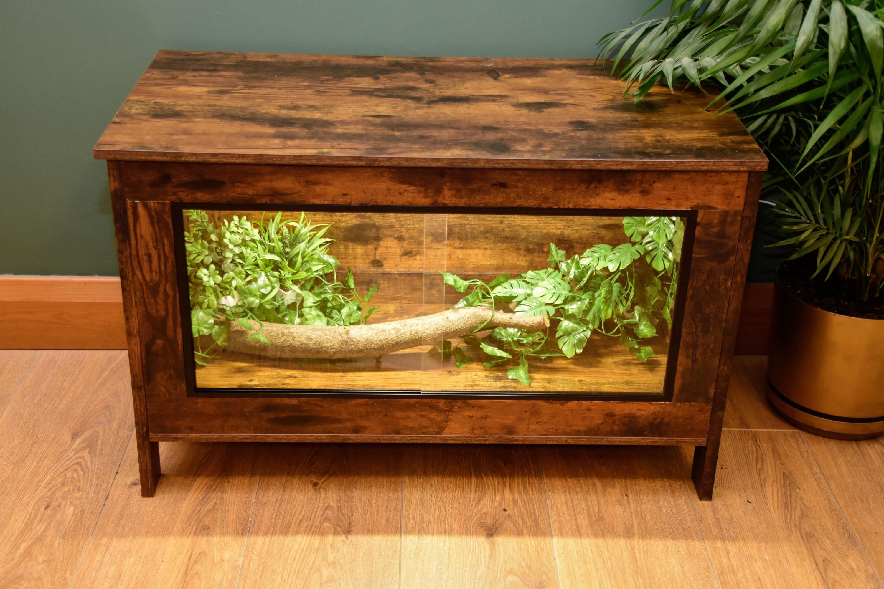 Dark Wood Vivarium / Tortoise House - Hinged Lid + Glass Doors - 76cm x 48cm x 35cm - LED Light Included