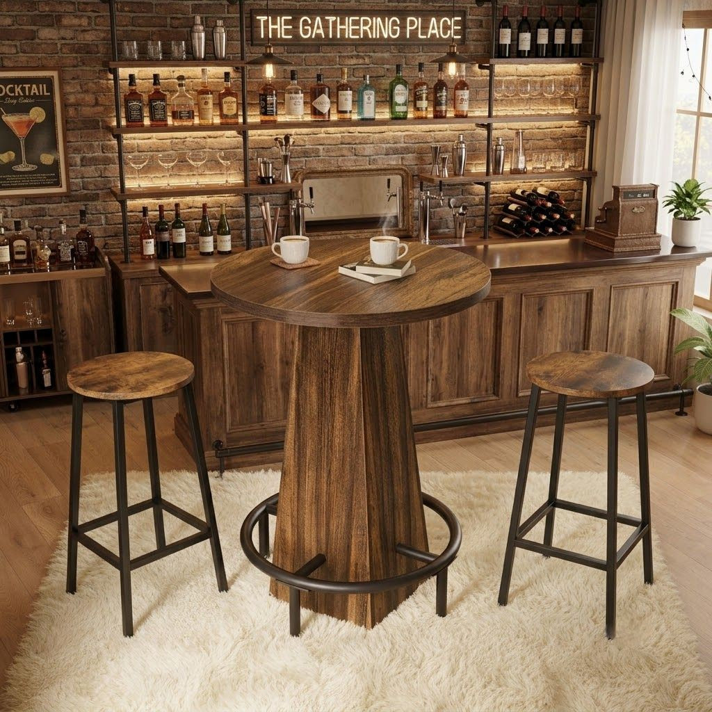 Rustic wood effect LED bistro bar table with two stools